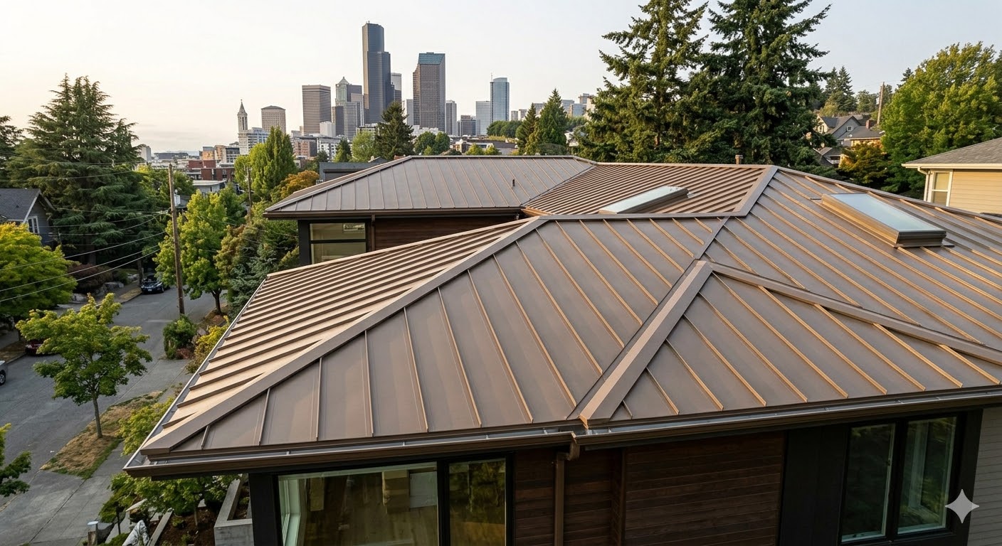 Elevated shot of a contemporary home with a durable, bronze-colored standing-seam metal roof, featuring integrated skylights and gutters.